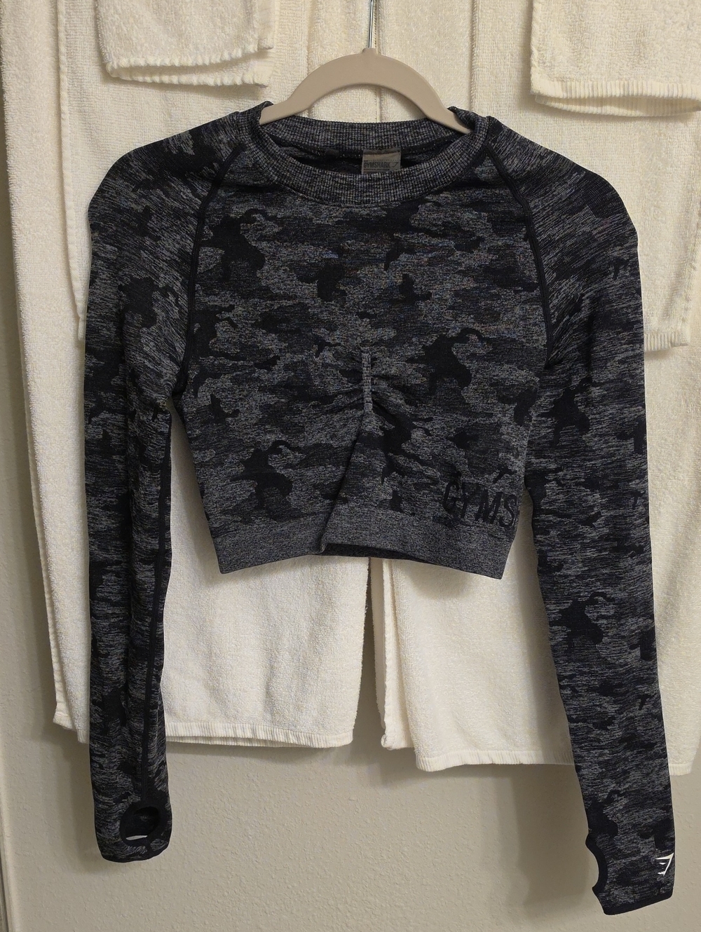 Gymshark Black and Grey Camo Seamless Long-Sleeve Crop Top